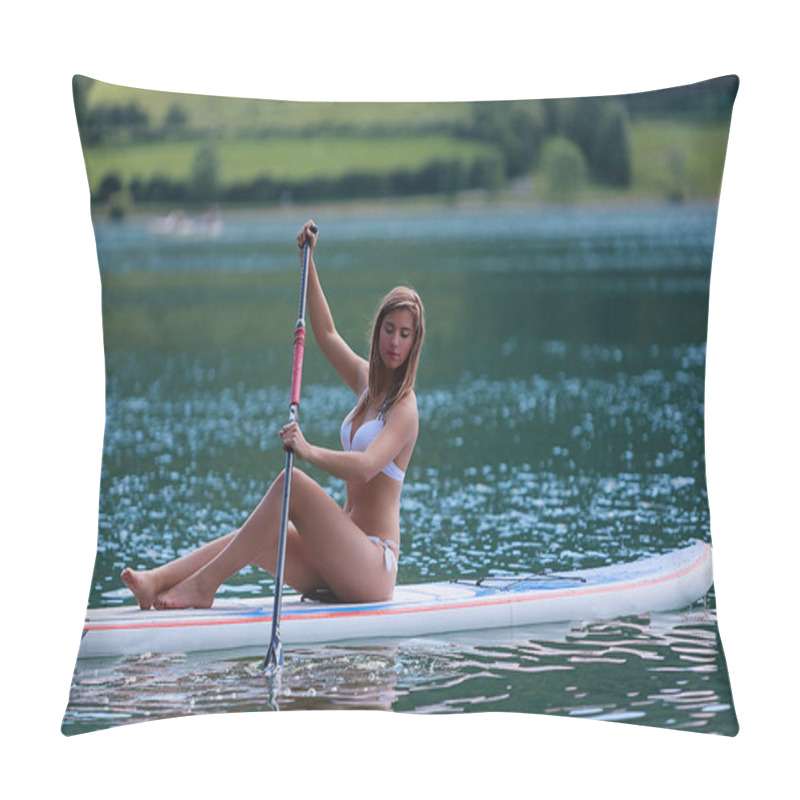 Personality  Young Woman In Stand Up Paddling While Sitting On The Lake. Pillow Covers