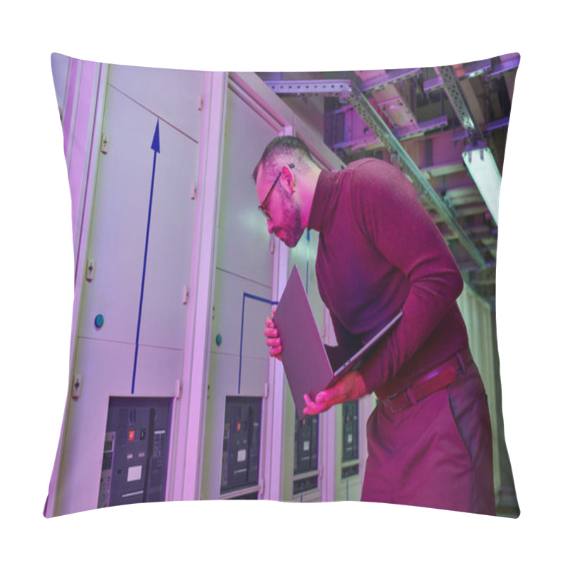 Personality  Handsome Focused Data Center Specialist Holding His Laptop While Working Hard, Information Pillow Covers