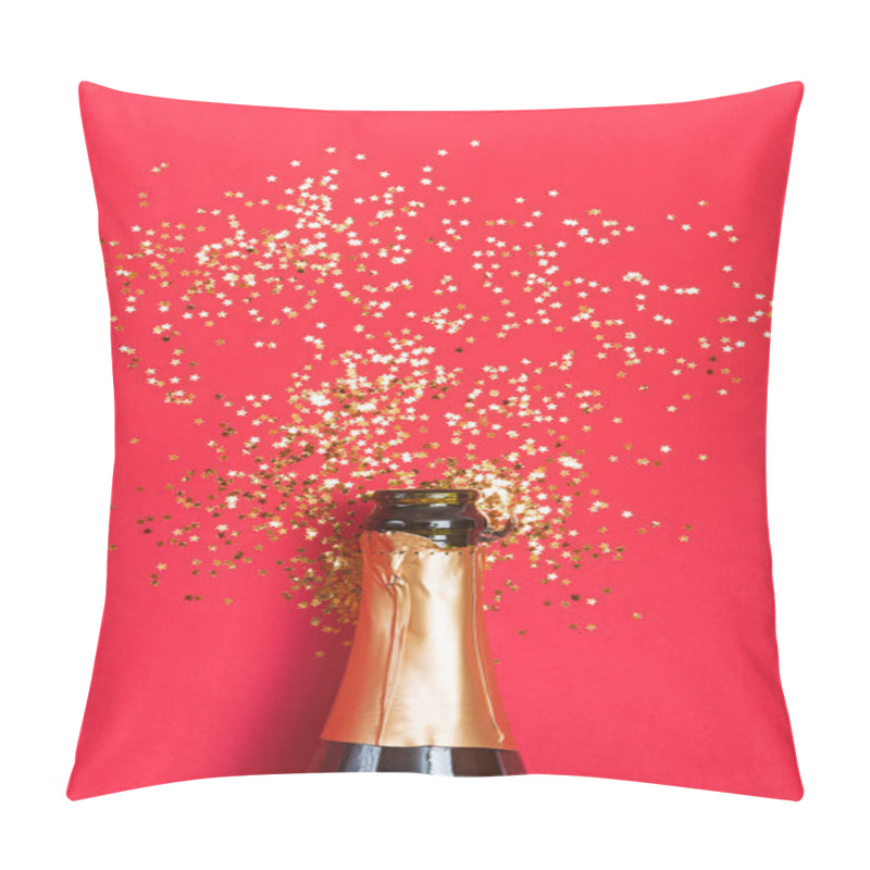 Personality  Champagne Bottle With Golden Star Shaped Confetti On Red Background. Pillow Covers