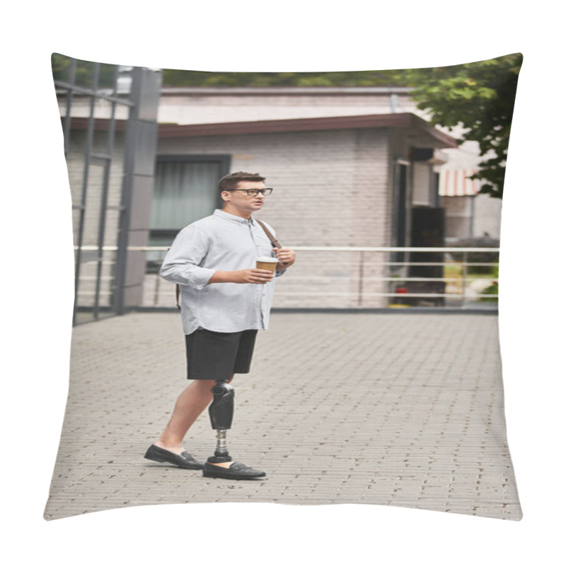 Personality  Young Man With A Prosthetic Leg Stands Outside A Contemporary Building Holding A Drink. Pillow Covers