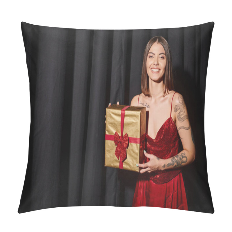 Personality  Cheerful Lady Smiling At Camera With Present In Hands With Black Curtains On Backdrop, Holiday Gifts Pillow Covers