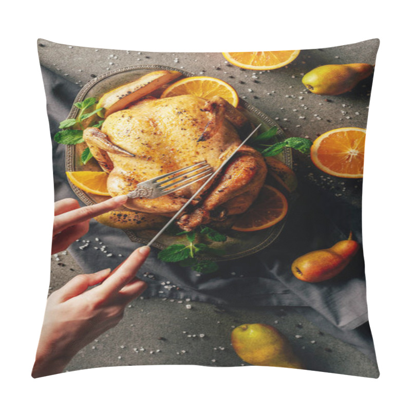 Personality  Cropped View Of Woman Cutting Fried Chicken With Oranges, Pears And Greenery On Tray  Pillow Covers