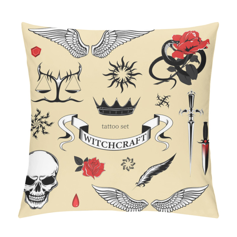 Personality  Set Of Tattoo Elements. Vector Black And White Image. Pillow Covers