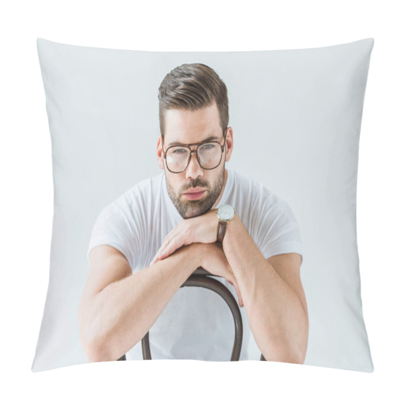 Personality  Stylish Young Man In Glasses Sitting On Chair Isolated On White Background Pillow Covers