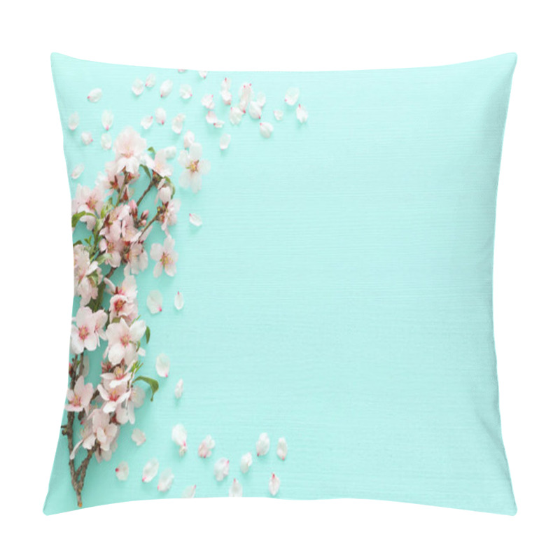 Personality  Photo Of Spring White Cherry Blossom Tree On Pastel Mint Wooden Background. View From Above, Flat Lay Pillow Covers