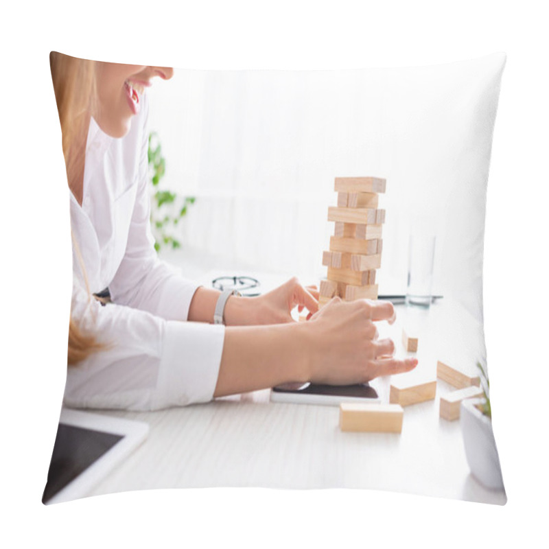 Personality  Cropped View Of Smiling Businesswoman Stacking Wooden Building Blocks On Table Pillow Covers