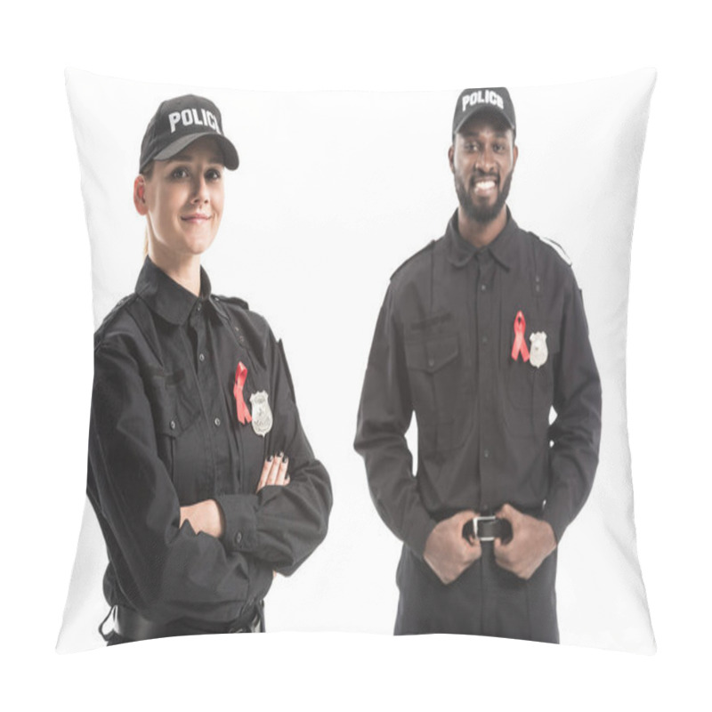 Personality  Happy Police Officers With Aids Awareness Red Ribbons Looking At Camera Isolated On White Pillow Covers