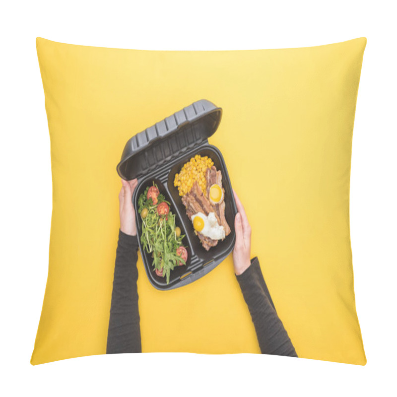 Personality  Cropped View Of Woman Holding Eco Package With Corn, Meat, Fried Eggs And Salad Isolated On Yellow  Pillow Covers