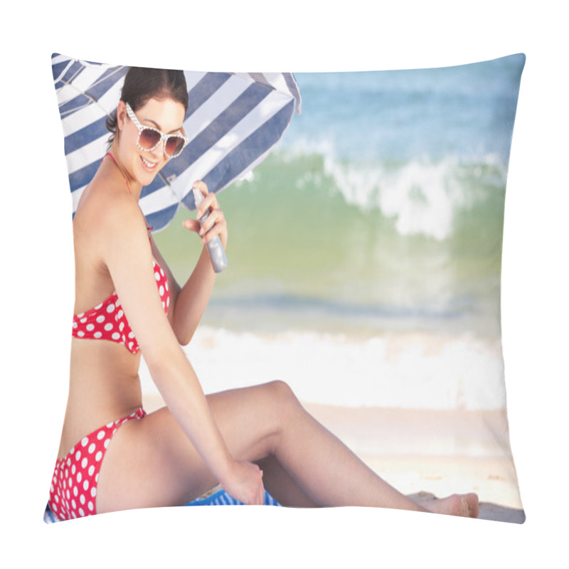 Personality  Woman Sheltering From Sun Under Beach Umbrella Putting On Sun Cr Pillow Covers