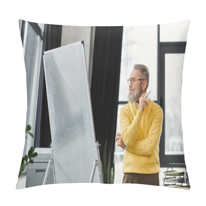 Personality  Handsome Senior Man Thoughtfully Observing A Presentation In A Bright Office Environment. Pillow Covers