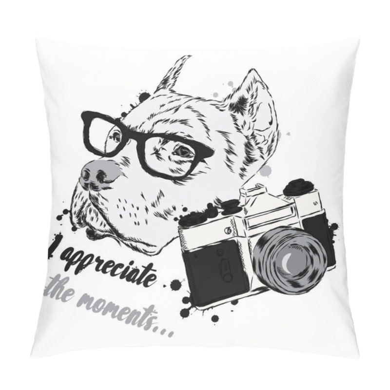 Personality  Pit Bull With A Camera. Dog Vector. Hipster. Photographer. Pillow Covers