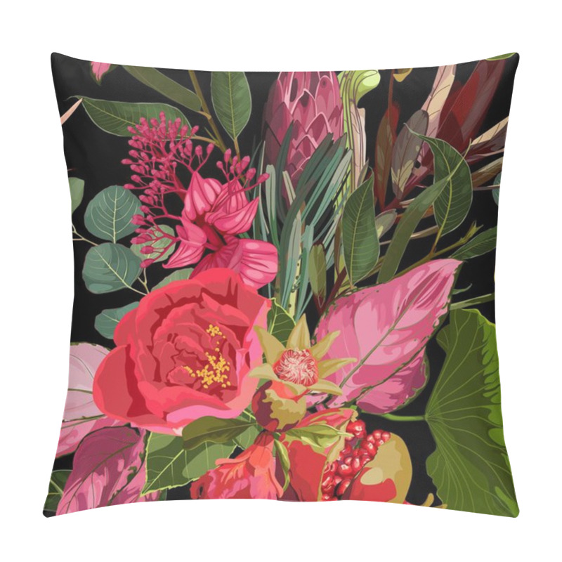 Personality  Seamless Floral Pattern With Pink Red Glossy Protea And Tropical Flowers, Leaves On A Black Background.  Pillow Covers