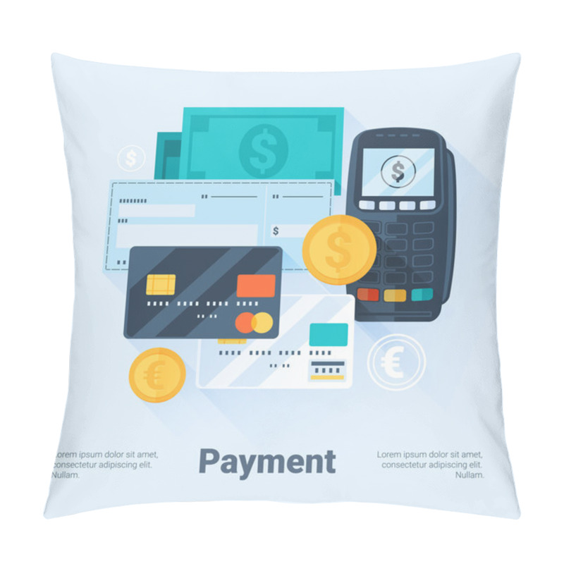 Personality  Card, Money, Coins And Cheque. Payment Methods Concept. Flat Style With Long Shadows. Clean Design. Vector Illustration. Pillow Covers