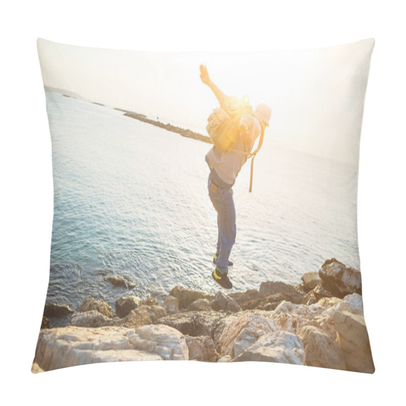 Personality  Brave Man With Backpack Jumping Over Rocks Pillow Covers