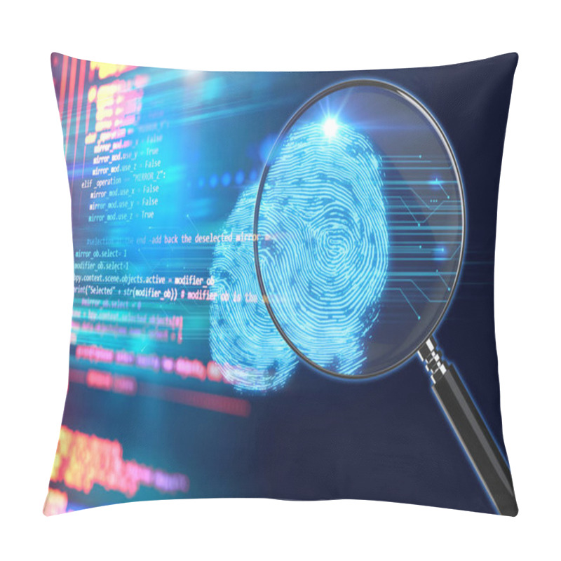 Personality  3d Rendering Of Magnifying Glass On Digital Fingerprint Image, Concept Of Cyber Criminal,Biometric Pillow Covers