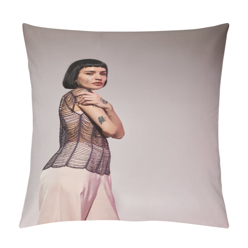 Personality  A Young Woman Showcases Her Tattoos While Wearing Fashionable Clothing. Pillow Covers