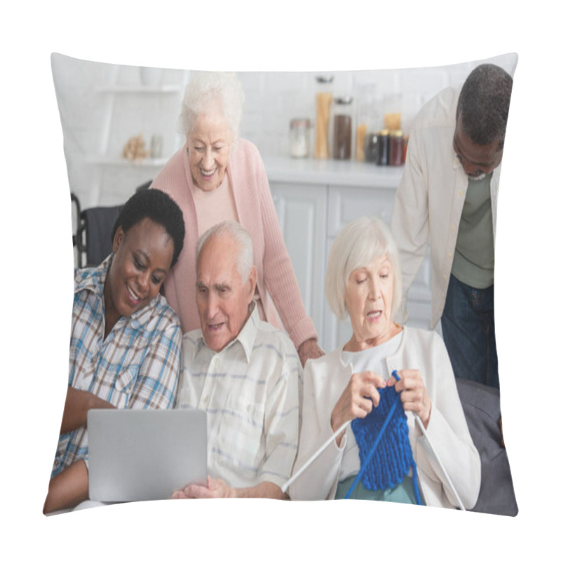 Personality  Senior Interracial Pensioners Spending Time With Yarn And Laptop In Nursing Home  Pillow Covers