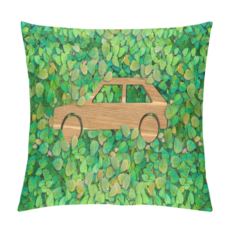 Personality  Eco-Friendly Transportation: Wooden Car Symbol On Green Leaf Background Pillow Covers