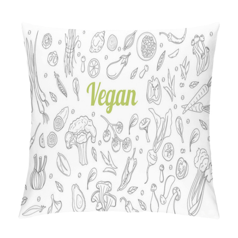 Personality  Sketch Style. Hand Drawn Set Of Healthy Food Ingredient Doodles In Vector. Healthy Diet Vegan Food, Veggie Protein Sources. Pillow Covers