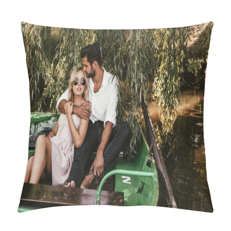 Personality  Handsome Man Embracing Attractive Boyfriend While Sitting In Boat On Lake Pillow Covers