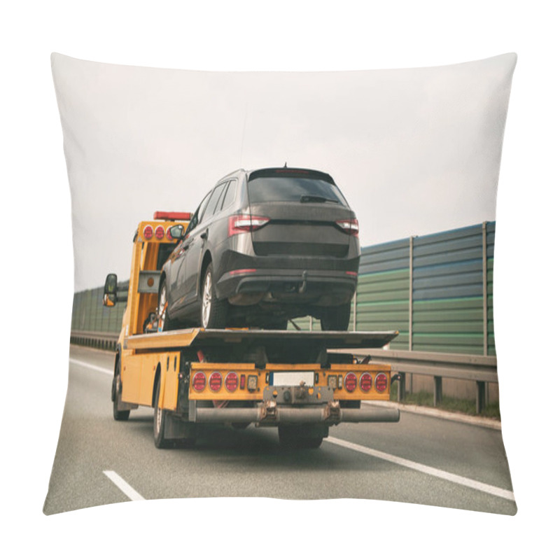 Personality  Tow Truck With Broken Car On Country Road. Tow Truck Transporting Car On The Highway. Car Service Transportation Concept. Pillow Covers