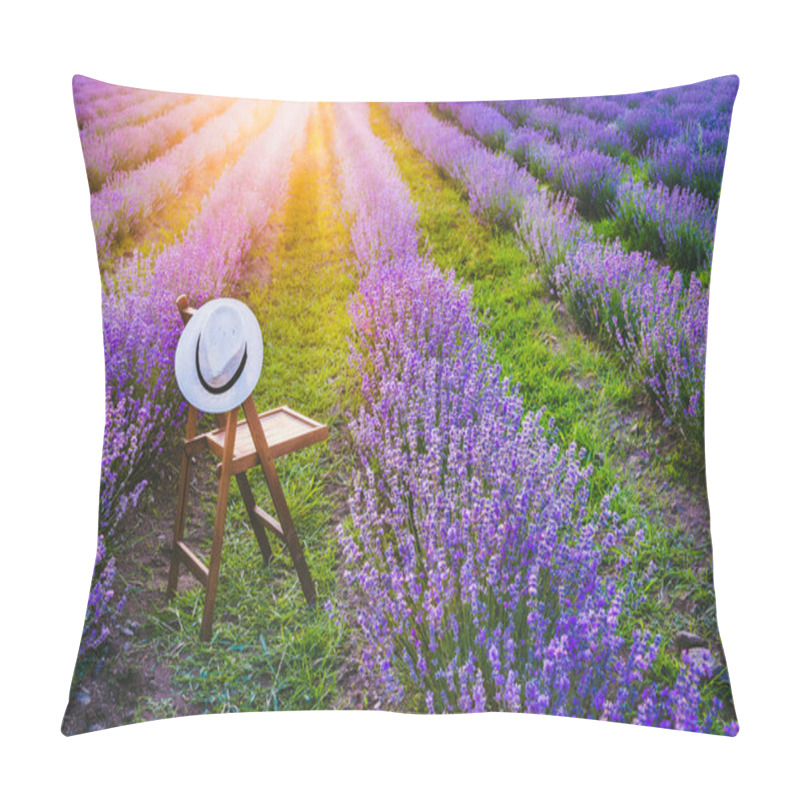 Personality  A Chair With A Hanged Over Hat Between The Blooming Lavender Rows Under The Summer Sunset Rays. Dream And Relax Concept. Pillow Covers