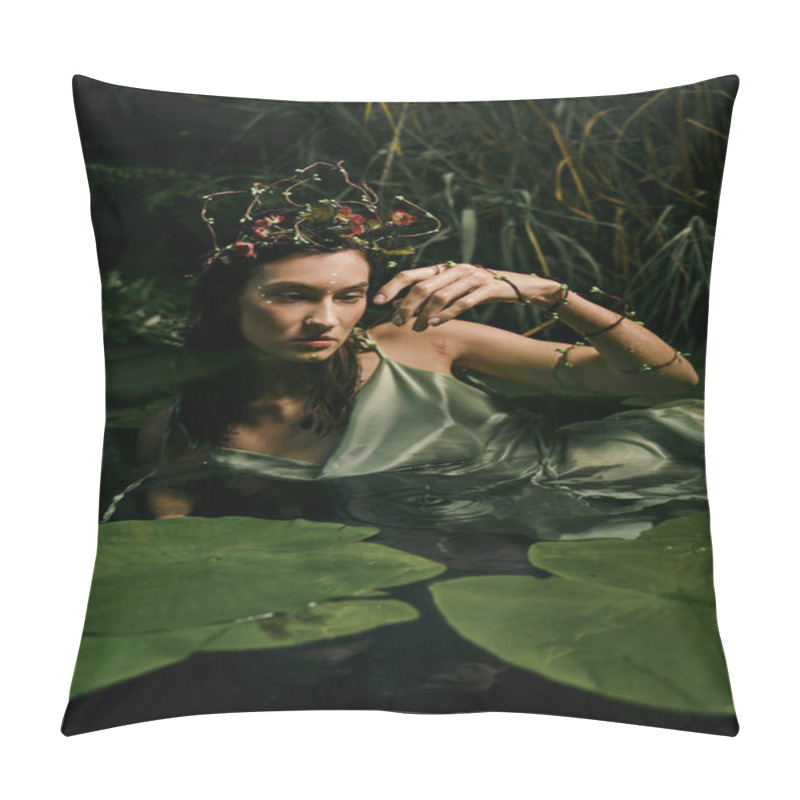 Personality  A Woman In A Flowing Dress Adorned With A Floral Crown, Poses Near A Swamp With Lily Pads. Pillow Covers