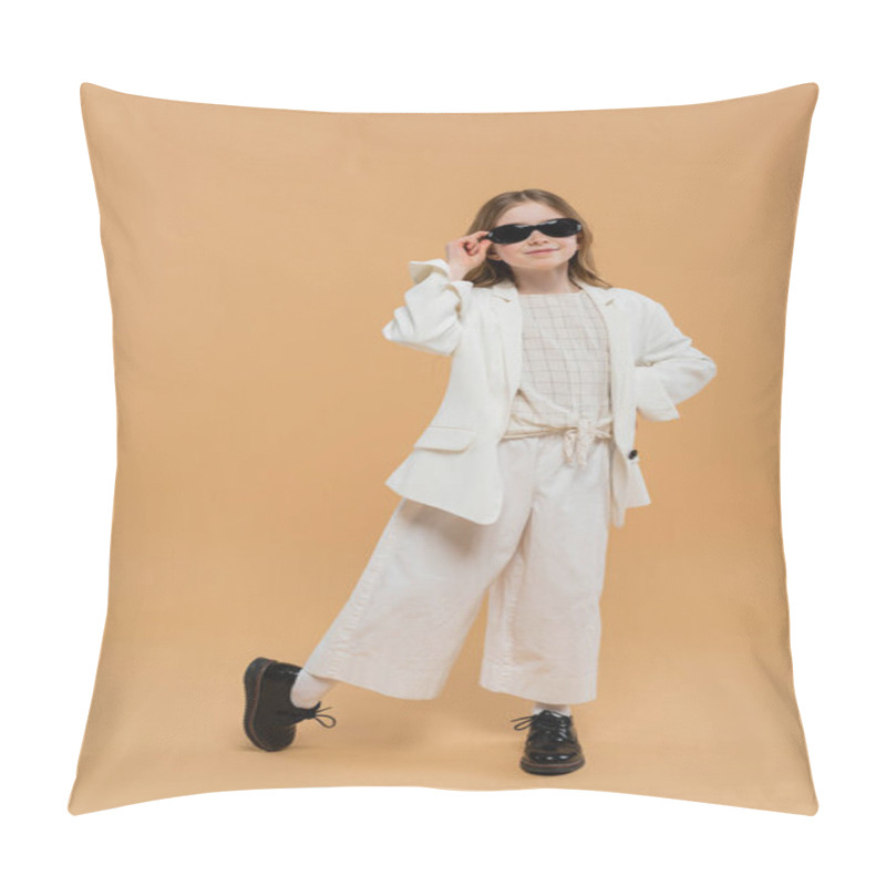 Personality  Cheerful Preteen Girl In White Suit, Sunglasses And Black Shoes Posing And Standing On Beige Background, Fashionable Outfit, Formal Attire, Child Model, Trendsetter, Style, Young Elegance  Pillow Covers