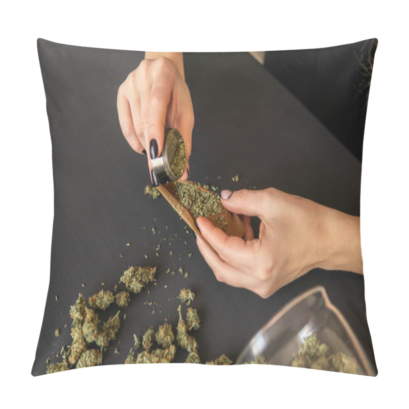 Personality  Close Up Of Marijuana Blunt With Grinder. Marijuana Use Concept. Woman Preparing And Rolling Marijuana Cannabis Joint. Woman Rolling A Marijuana Joint. Pillow Covers