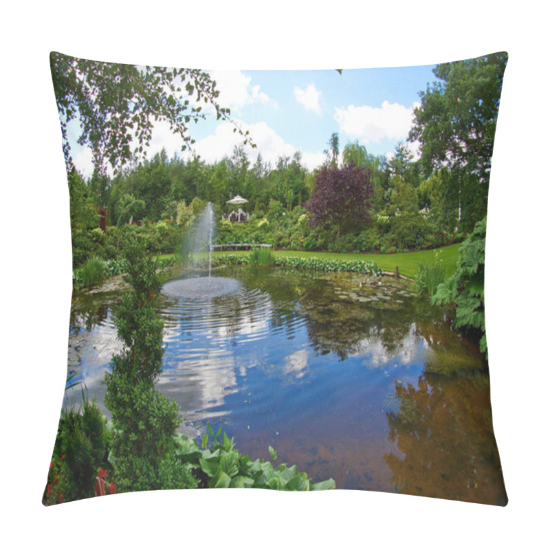 Personality  Ornamental Pond And Water Fountain In A Beautiful Creative Lush Green Blooming Garden Pillow Covers