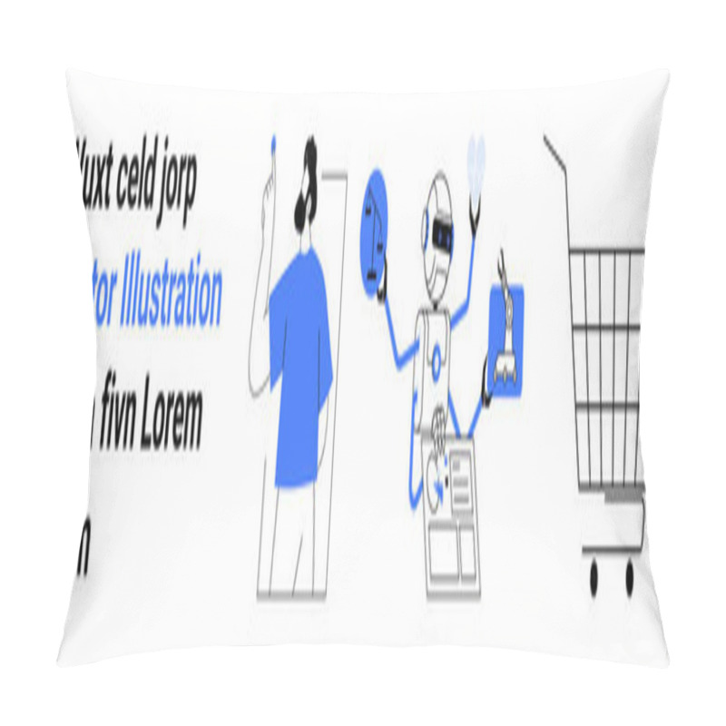 Personality  Cartoon Of A Customer Service Agent, A Robot Handling Various Tasks And An Empty Shopping Cart. Ideal For Technology, Ecommerce, Customer Support, AI Integration And Digital Marketing. Banner Pillow Covers