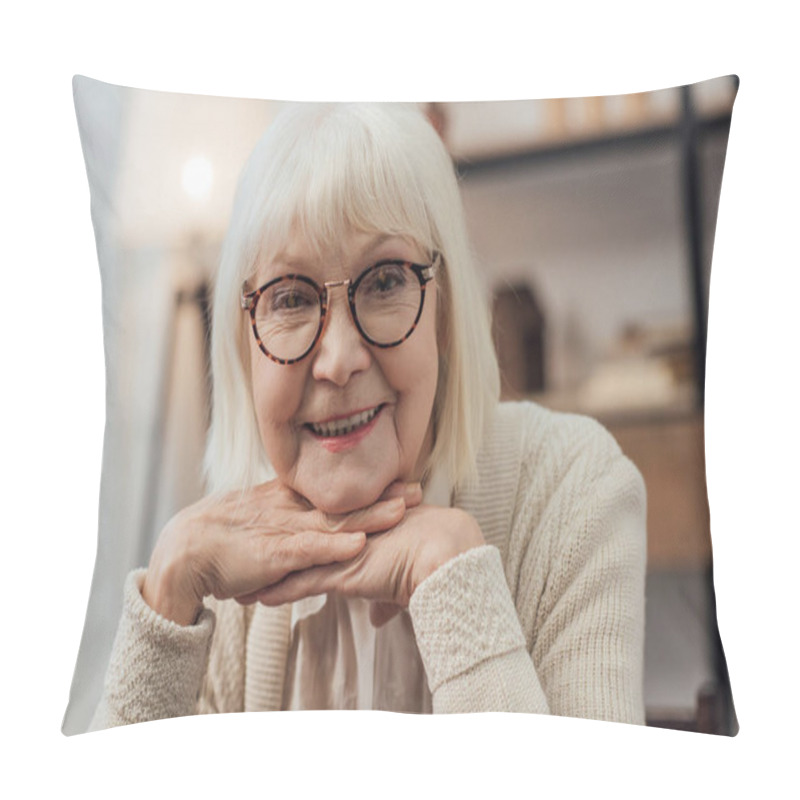 Personality  Happy Senior Woman With Grey Hair Propping Chin With Hands And Looking At Camera At Home Pillow Covers