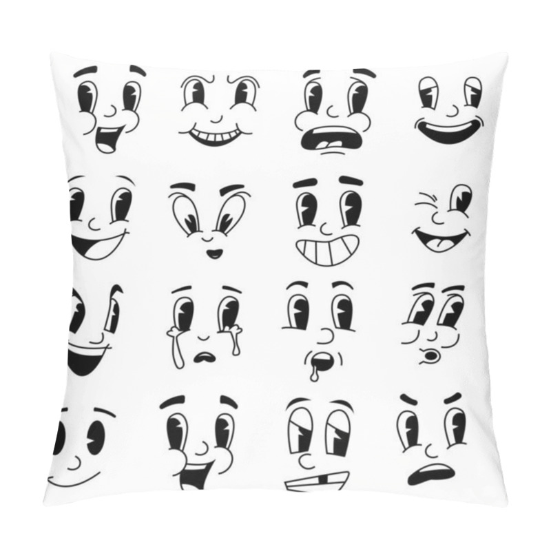 Personality  Retro Cartoon Faces. Fanny Mascot Emotions From Cartoons. 30s 40s 50s Hand Drawn Facial Expressions. Emotional Caricatures With Eyes And Mouths. Vector Unhappy Or Cheerful Smile Set Pillow Covers