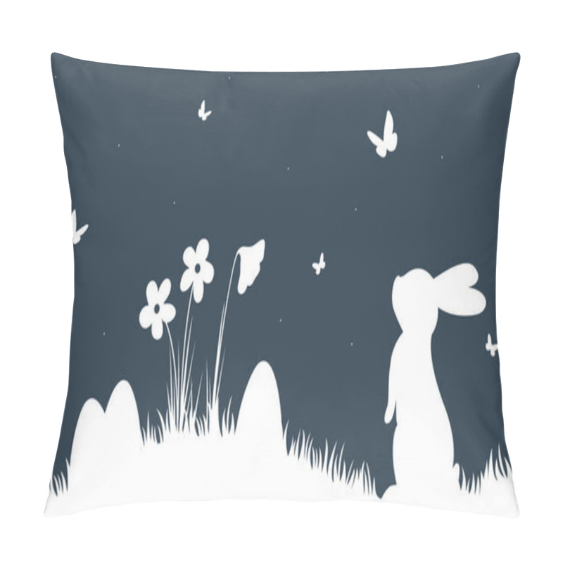 Personality  Easter Background With Silhouette Bunny And Butterfly. Simple Cute Hand Drawn Easter Horizontal Pattern With Rabbit, Flowers, Easter Eggs. Pillow Covers