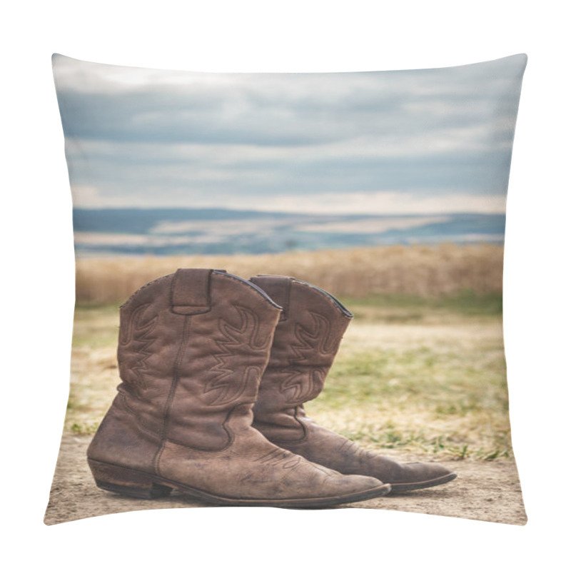 Personality  Cowboy Boot In Rural Scene With Moody Sky. Old Brown Leather Boots Outdoors. Wild West Retro Style Pillow Covers