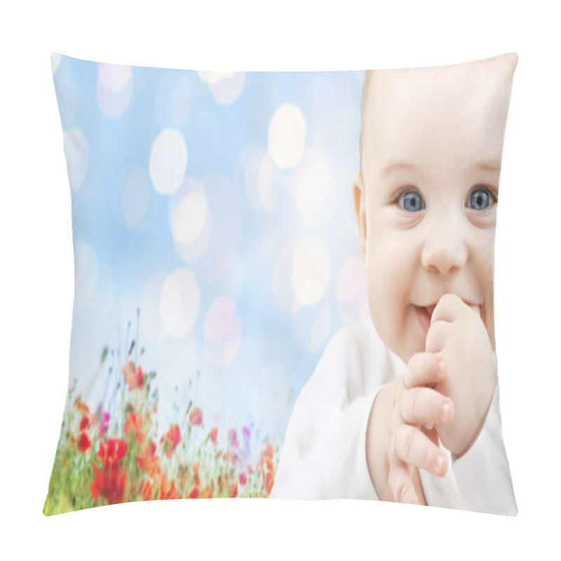 Personality  Beautiful Happy Baby Over Poppy Field Background Pillow Covers