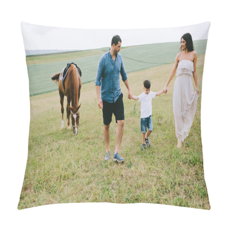 Personality  Parents And Son Holding Hands And Walking Near Brown Horse On Field  Pillow Covers