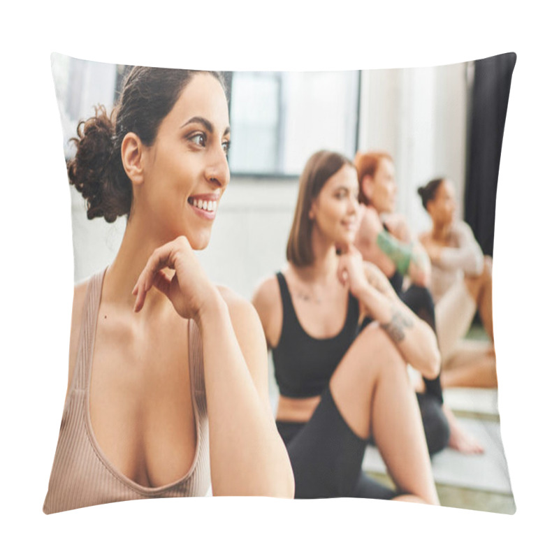 Personality  Cheerful Multiracial Woman Looking Away During Yoga Class Near Diverse Group Of Multiethnic Girlfriends On Blurred Background, Wellness And Mental Health Concept Pillow Covers