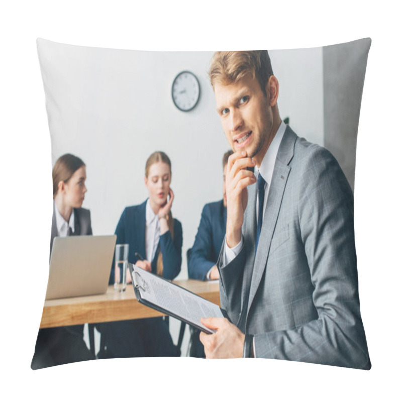 Personality  Selective Focus Of Scared Employee With Resume Looking At Camera Near Recruiters In Office  Pillow Covers