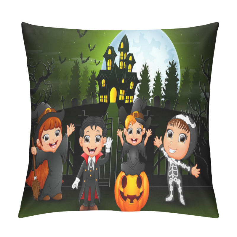 Personality  Happy Halloween Kids Outdoors With Haunted House Background Pillow Covers