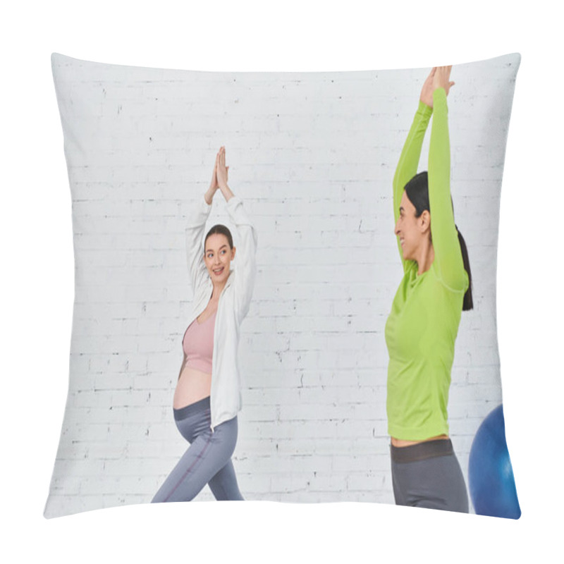 Personality  A Pregnant Woman Exercises With Her Coach During A Parents Course, Supported By Another Woman Standing Beside Her. Pillow Covers