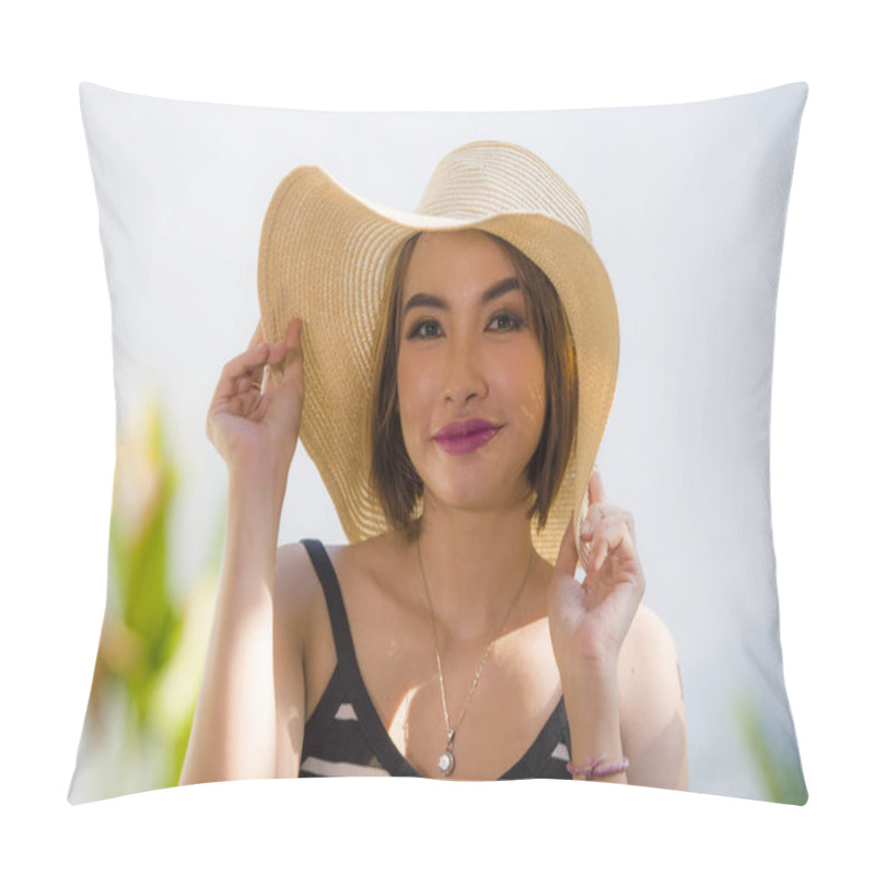 Personality  Lifestyle Portrait Of Young Happy And Beautiful Woman In Summer Hat Posing Relaxed And Smiling Cheerful At Tropical Resort In Holidays Travel And Tourism Concept Pillow Covers