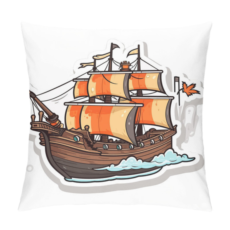 Personality  A Pirate Ship Is Going Out To Sea. The Adventure Of The Corsairs. An Old Medieval Sailing Ship. Cartoon Vector Illustration. Label, Sticker, T-shirt Printing Pillow Covers