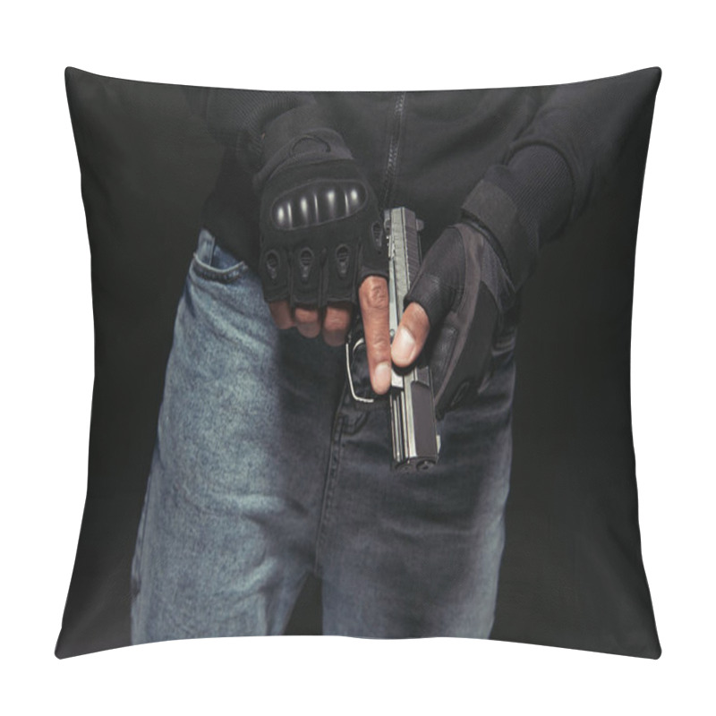 Personality  Cropped View Of African American Bandit In Gloves Holding Gun Isolated On Black  Pillow Covers