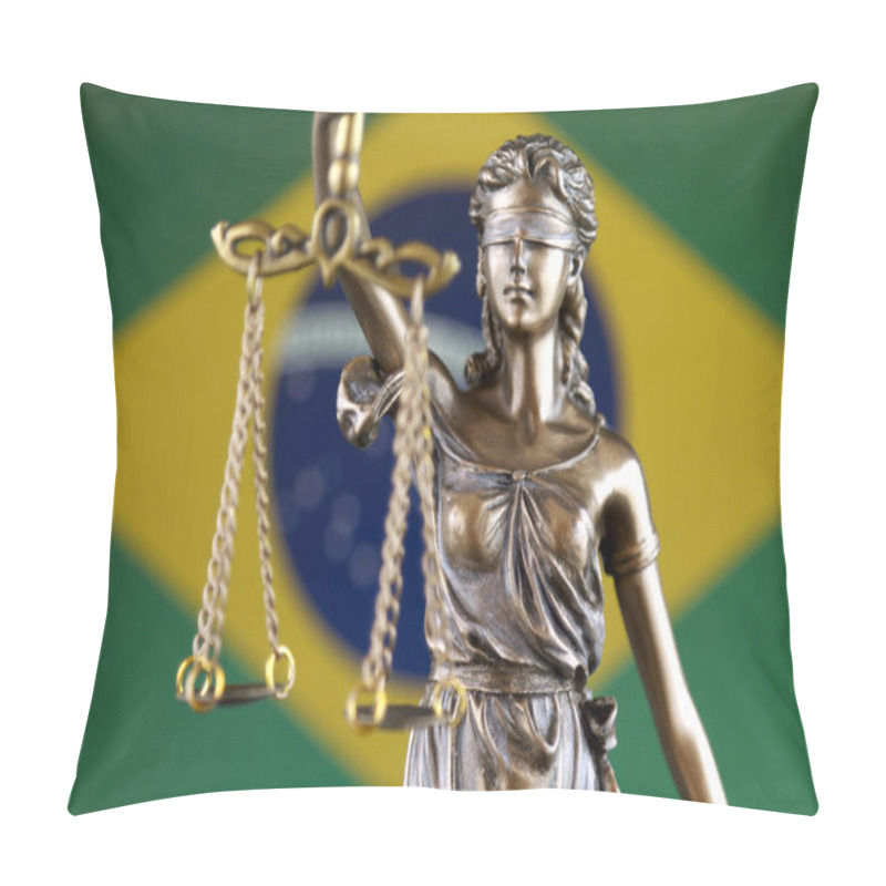 Personality  Symbol Of Law And Justice With Brazil Flag. Close Up. Pillow Covers