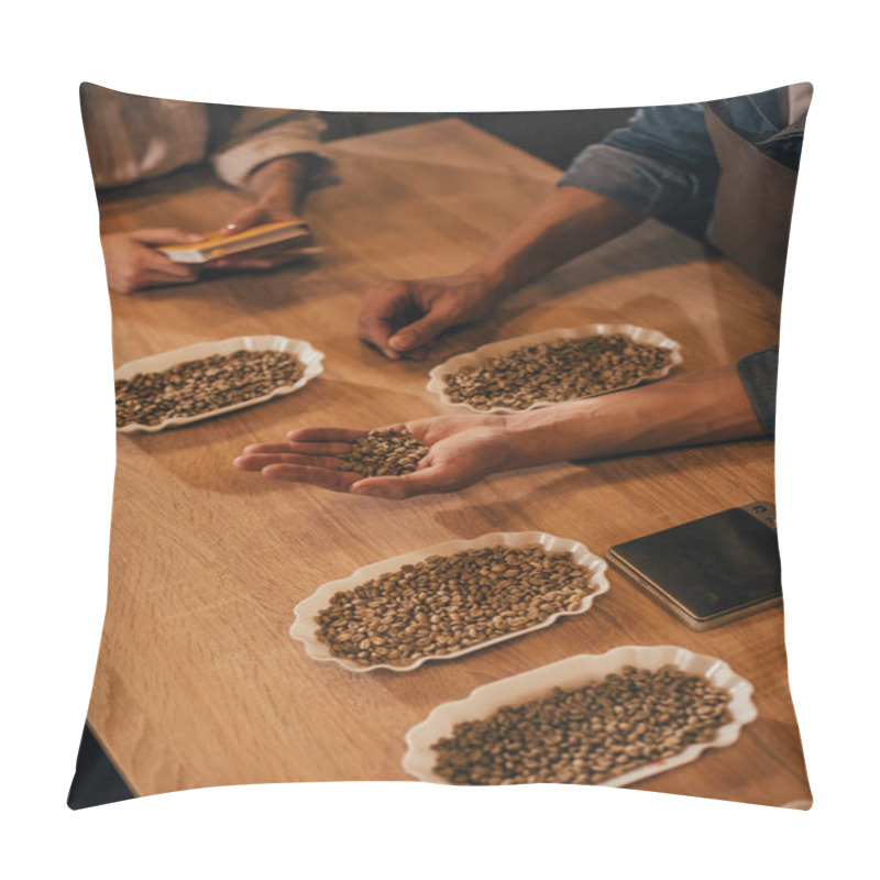 Personality  Partial View Of Two Coffee Shop Workers Testing Coffee Beans At Wooden Table Pillow Covers