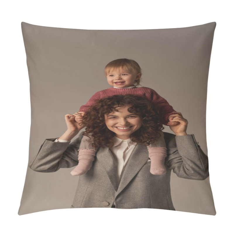 Personality  Motherhood, Work Life Balance, Cheerful Working Mother With Kid On Shoulders, Woman And Happy Daughter On Grey Background, Work Life Harmony Concept, Loving Motherhood, Quality Family Time  Pillow Covers