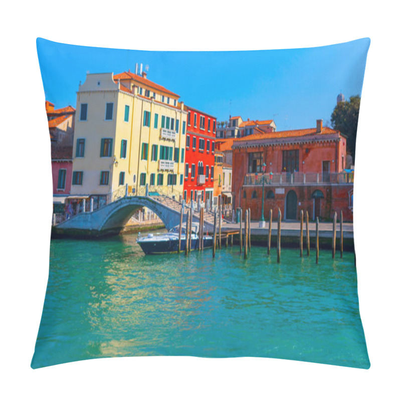 Personality  Picturesque Scene Of Canal In Venice, Italy. There Is A Stone Bridge Arching Over The Canal. Boat Is Docked Near Bridge, Wooden Posts Are Visible In Water, Adding To The Charm Of Venetian Landscape Pillow Covers