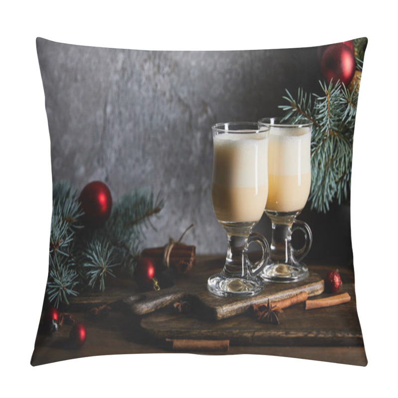 Personality  Traditional Eggnog Cocktail On Cutting Board Near Decorated Spruce Branches On Grey Stone Background Pillow Covers