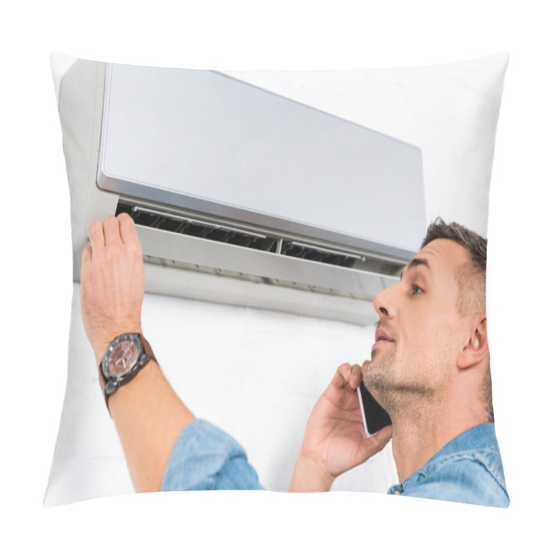 Personality  Handsome Man Talking On Smartphone While Checking Air Conditioner  Pillow Covers